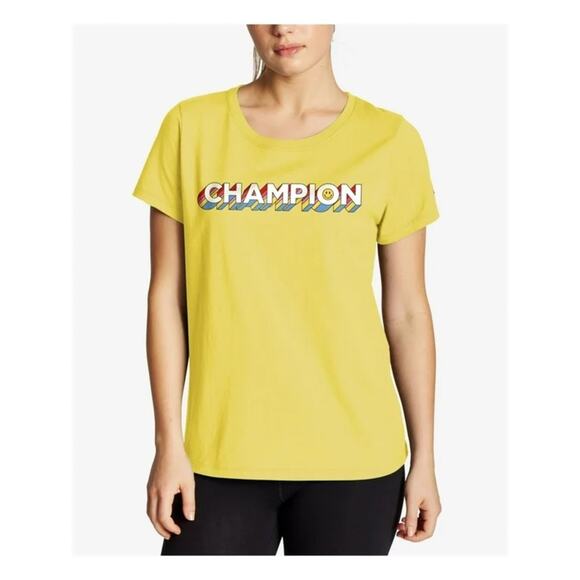 Champion Women's Get Happy Logo Yellow Short Sleeve T-Shirt Large NWT - Picture 1 of 8